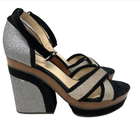 Botkier Paloma Glitter Silver & Black Suede Chunky Heel Sandals - Size 8 - Picture 4 of 10